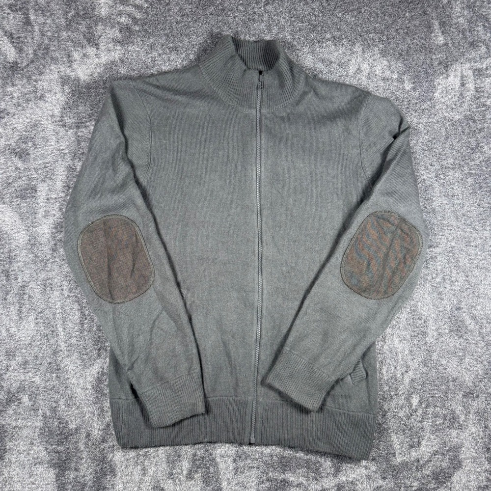 Y2K Old Navy Men's L Gray Full Zip Sweater Angora Wool Elbow Patch Cardigan